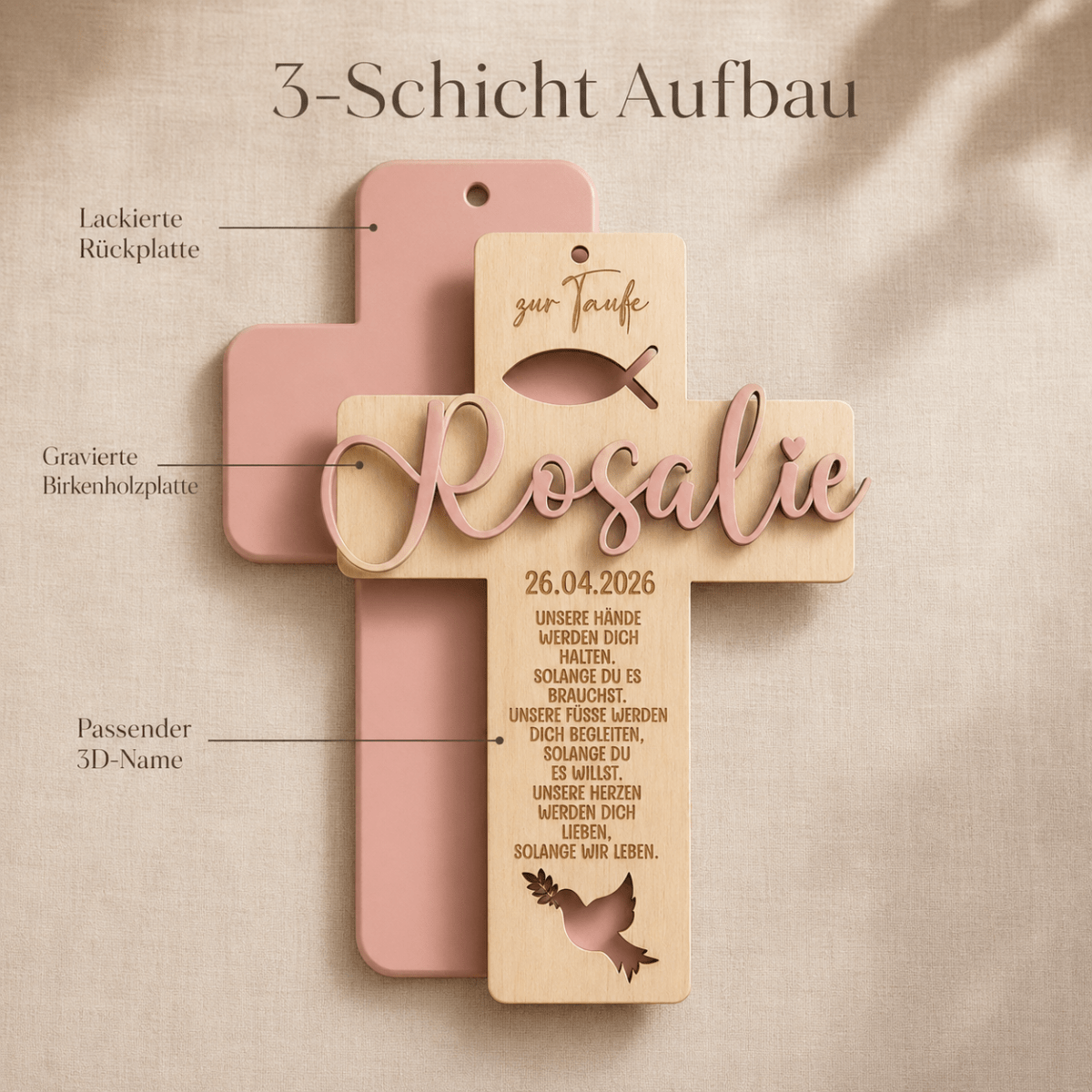 Kommunionkreuz aus Holz personalisiert – In der Geschenkverpackung