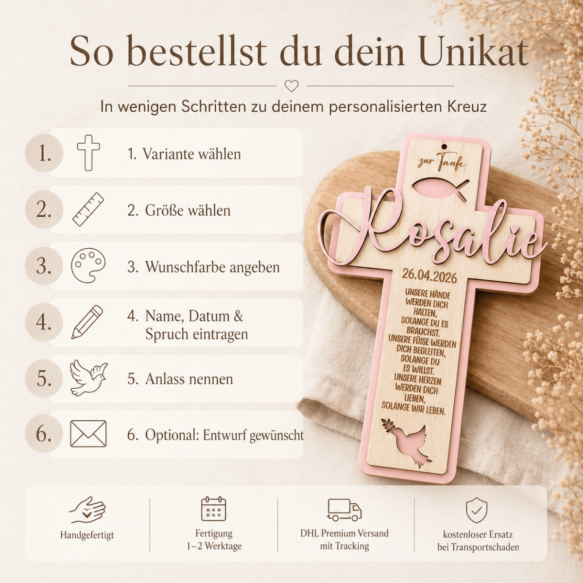 Kommunionkreuz aus Holz personalisiert – Aufhängeoption im Detail