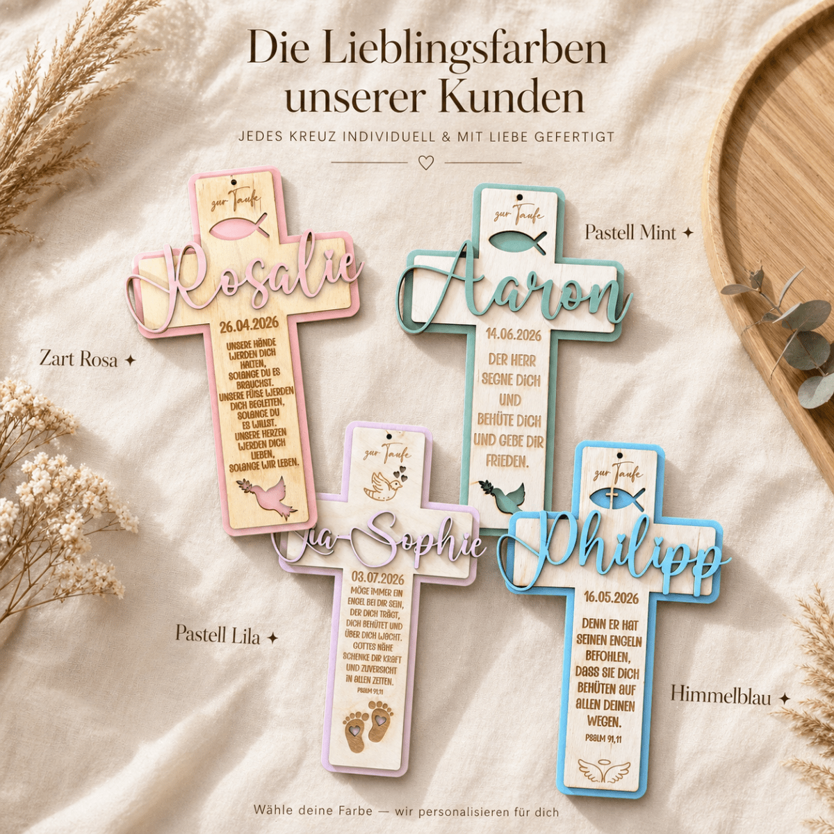 Kommunionkreuz aus Holz personalisiert – Detailaufnahme der Gravur