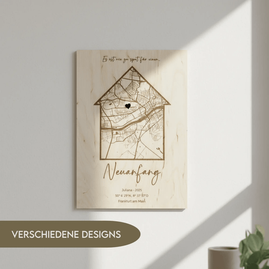 Koordinatenkarte aus Holz personalisiert – Geschenk zum Einzug, Hausbau & Richtfest - LaserArt Germany