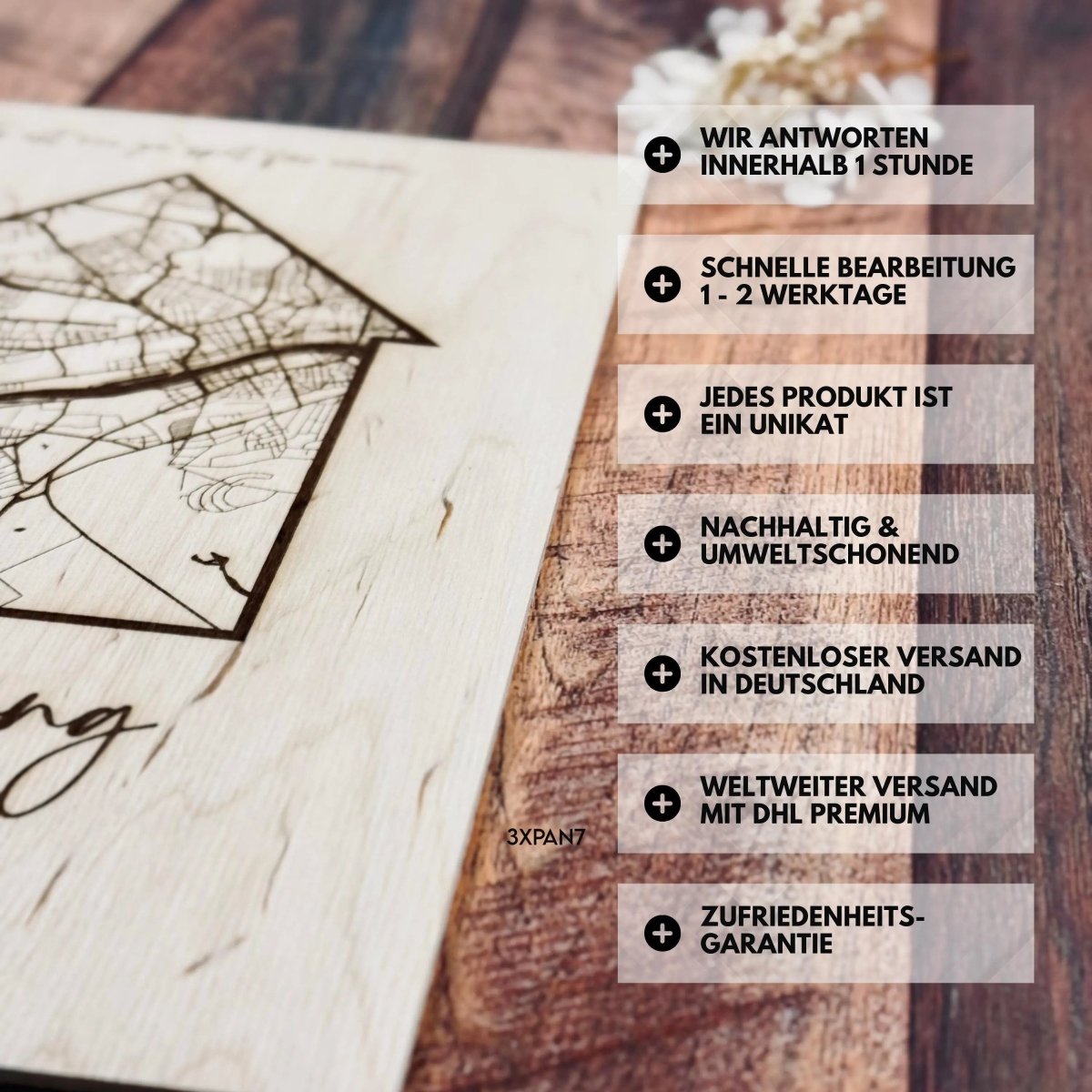 Koordinatenkarte aus Holz zum Einzug – Aufhängeoption im Detail