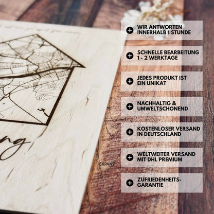 Koordinatenkarte aus Holz personalisiert – Geschenk zum Einzug, Hausbau & Richtfest - LaserArt Germany