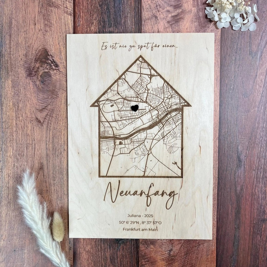 Koordinatenkarte aus Holz personalisiert – Geschenk zum Einzug, Hausbau & Richtfest - LaserArt Germany