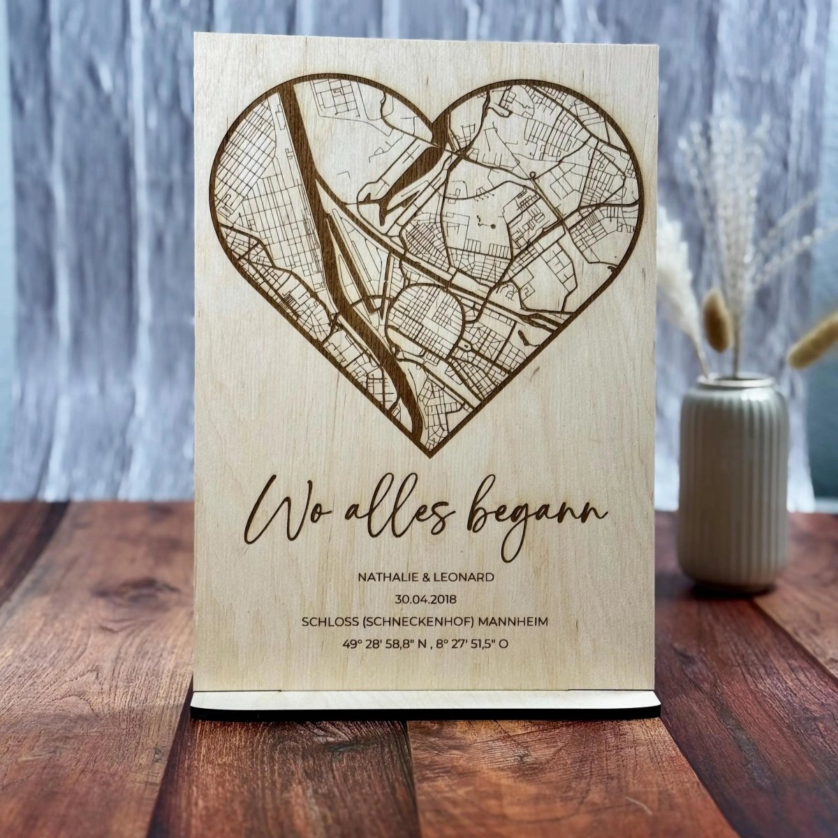 Koordinatenkarte aus Holz personalisiert – Geschenk zum Jahrestag, Valentinstag & Hochzeitstag - LaserArt Germany