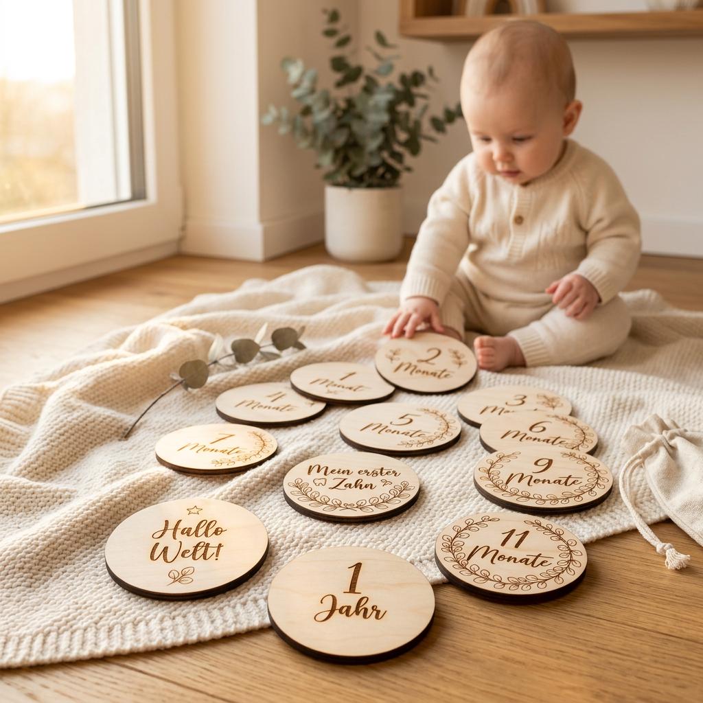 Meilensteinkarten aus Holz personalisiert | Eukalyptus Botanical - LaserArt Germany