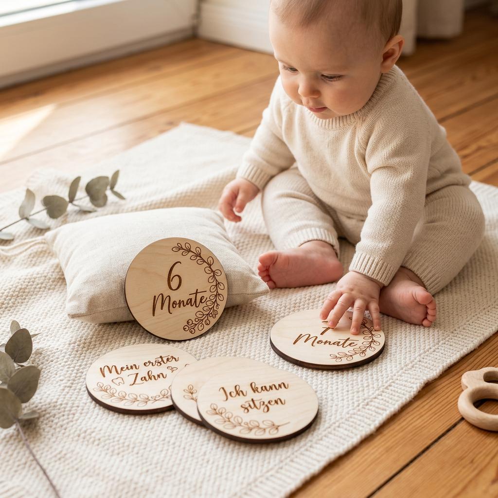 Meilensteinkarten aus Holz personalisiert Eukalyptus Botanical – Gesamtansicht des Kartensets