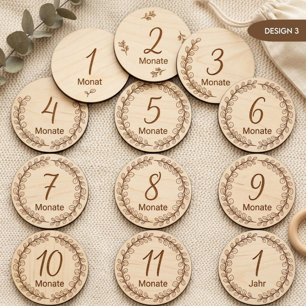 Meilensteinkarten aus Holz personalisiert | Eukalyptus Botanical - LaserArt Germany