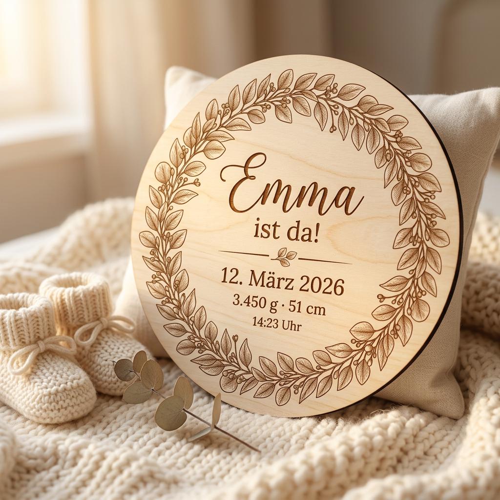 Meilensteinkarten aus Holz personalisiert Eukalyptus Botanical – Anwendungsbeispiel bei einem Fotoshooting