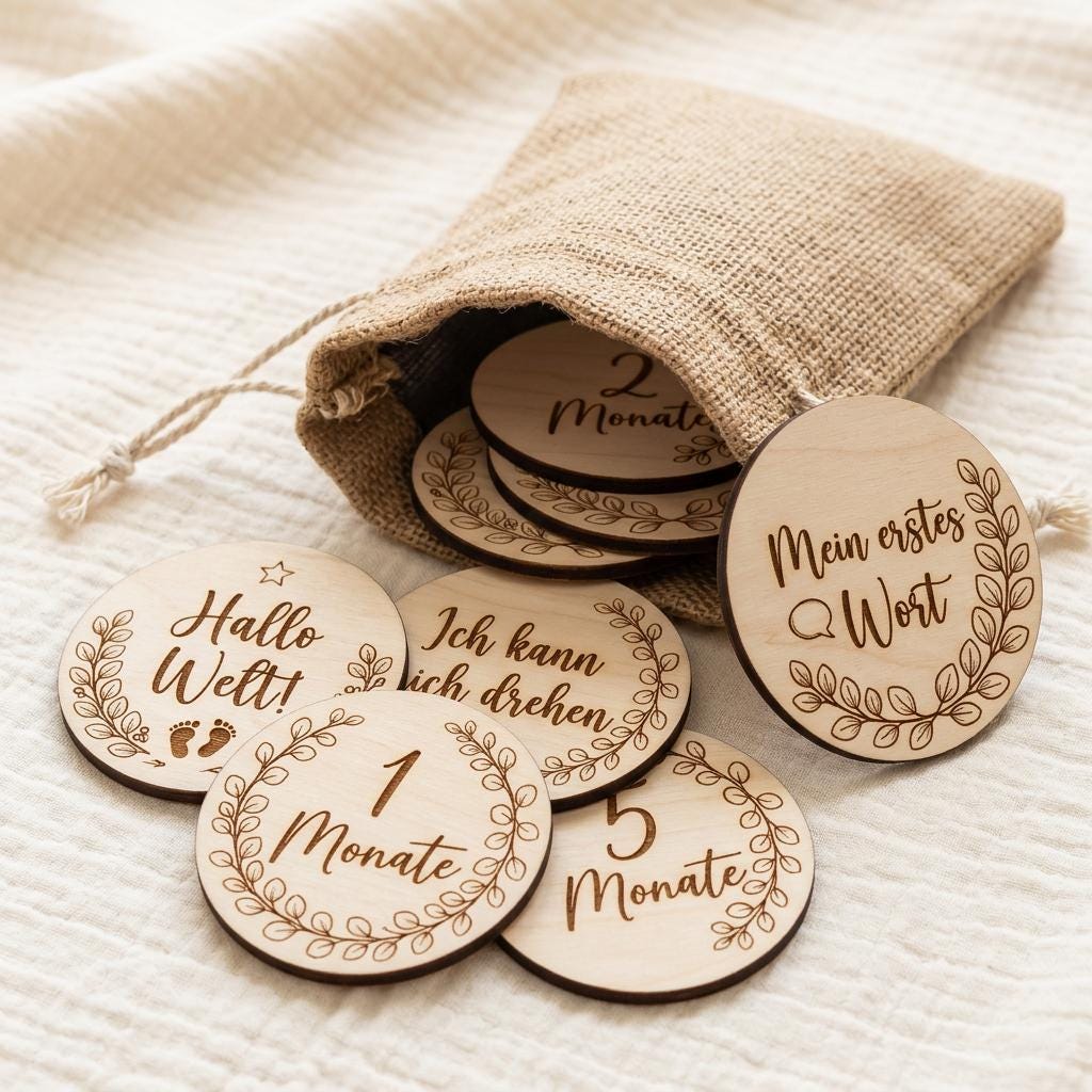 Meilensteinkarten aus Holz personalisiert Eukalyptus Botanical – Detailaufnahme des Eukalyptus-Motivs