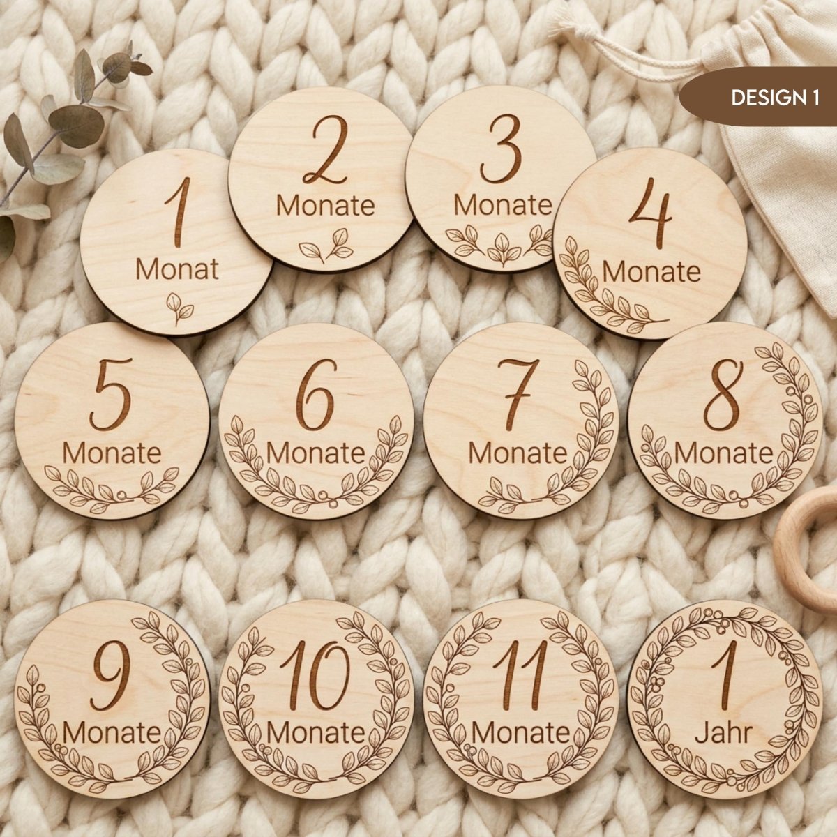 Meilensteinkarten aus Holz personalisiert | Eukalyptus Botanical - LaserArt Germany