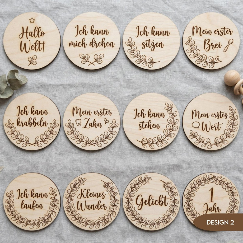 Meilensteinkarten aus Holz personalisiert | Eukalyptus Botanical - LaserArt Germany