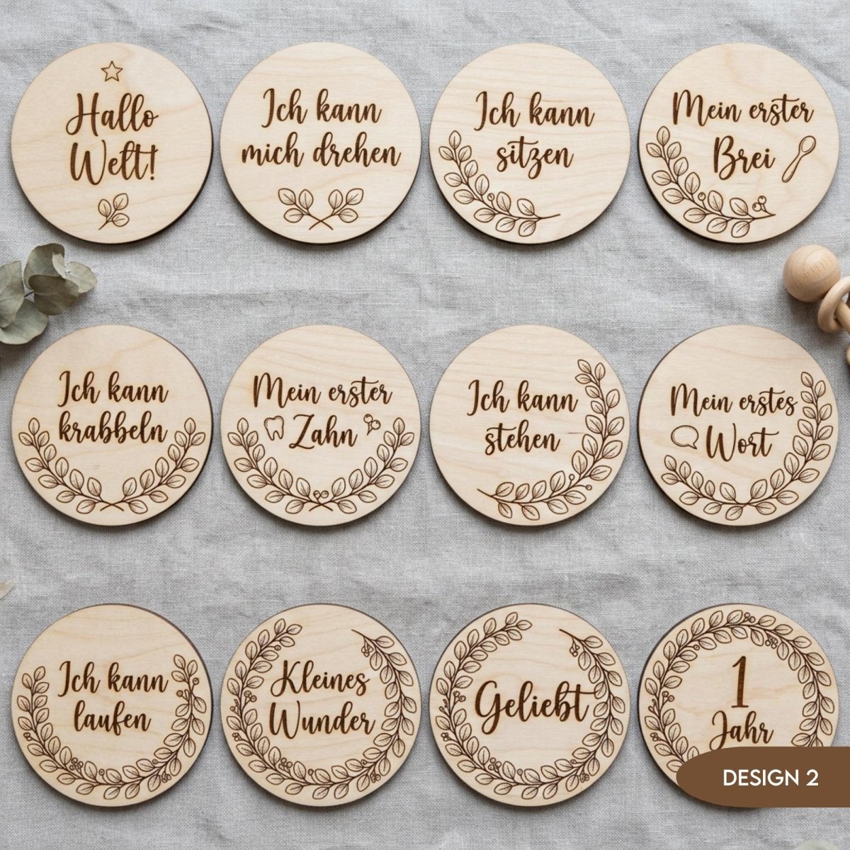 Meilensteinkarten aus Holz personalisiert Eukalyptus Botanical – Rückseite der Karten
