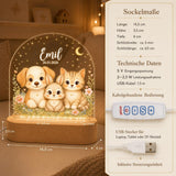 Night light with dog, bunny and cat beside base dimensions 14.5 x 3.5 x 6 cm and technical data
