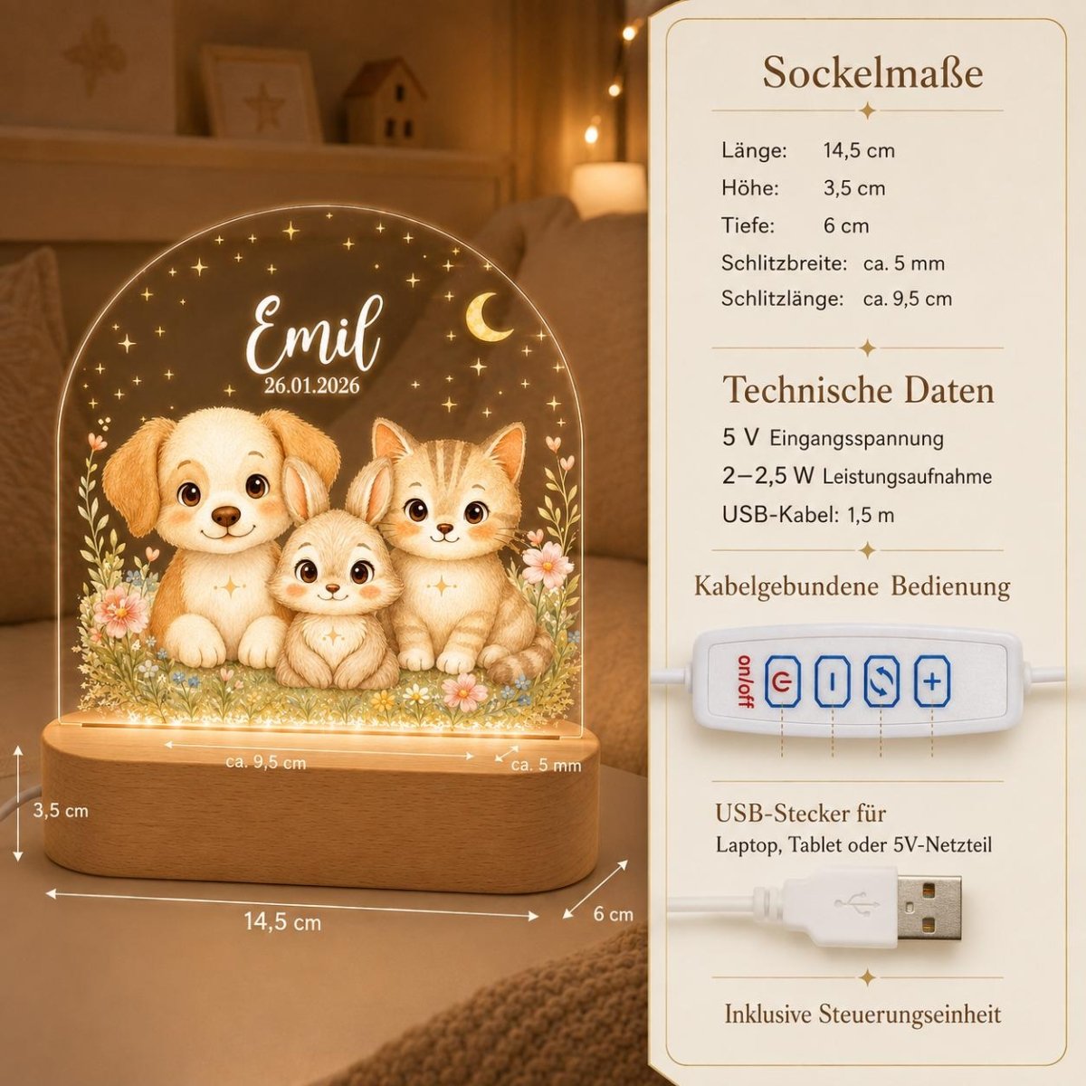 Night light with dog, bunny and cat beside base dimensions 14.5 x 3.5 x 6 cm and technical data