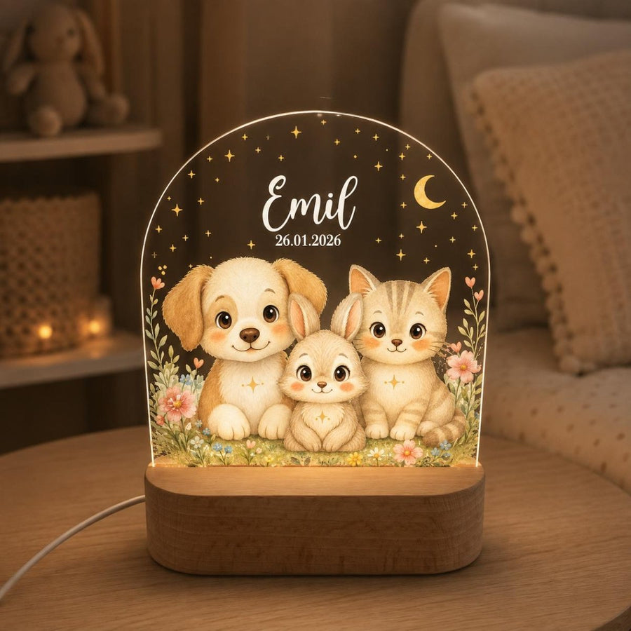 Personalisiertes Bauernhof-Nachtlicht aus Acryl mit LED-Holzsockel, Motiv 4 Hund Hase Katze, Name und Datum graviert