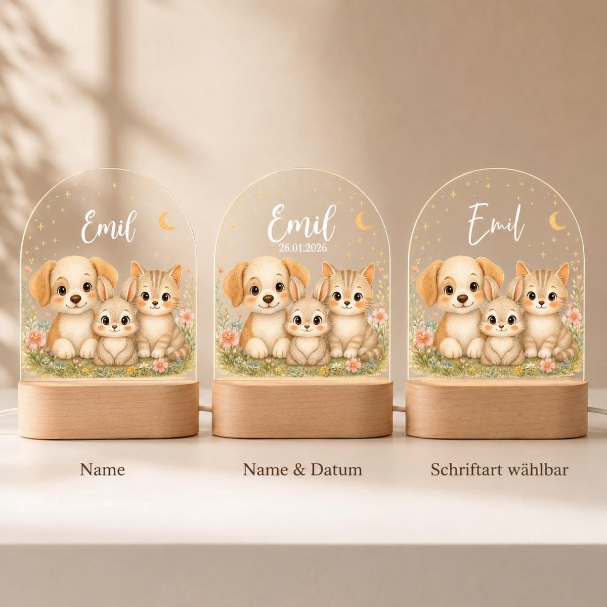 Personalisierungsoptionen Bauernhof-Nachtlicht: nur Name, Name und Datum, oder mit wählbarer Schriftart
