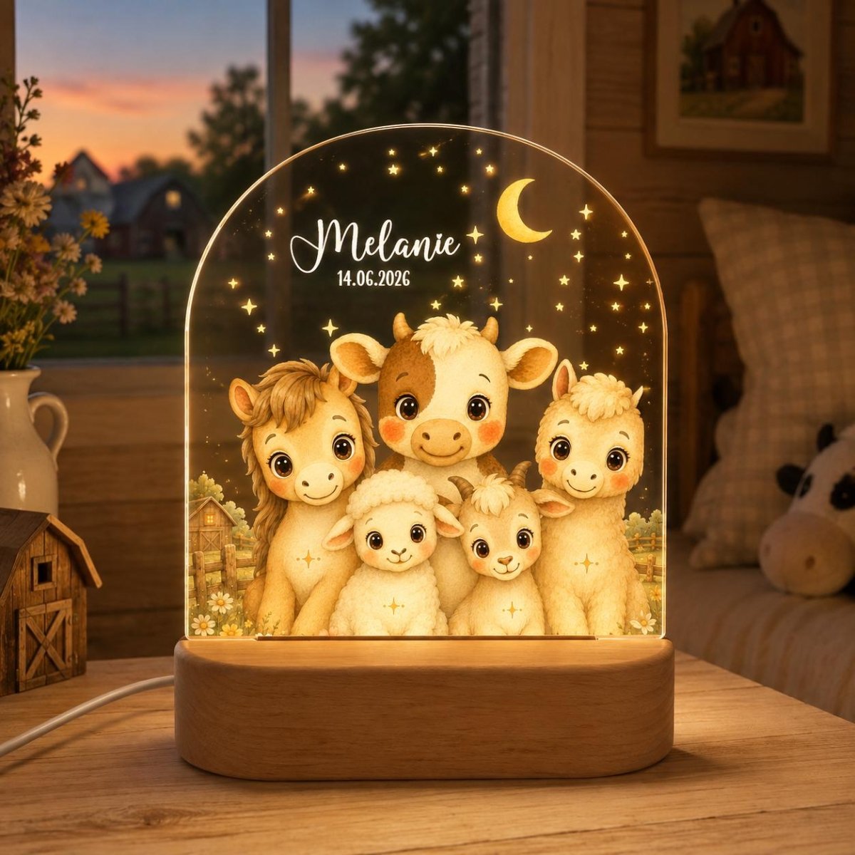 Bauernhof-Nachtlicht Motiv 1 mit Pferd, Kuh, Schaf, Ziege und Alpaka, Name Melanie und Datum, Abendstimmung am Fenster