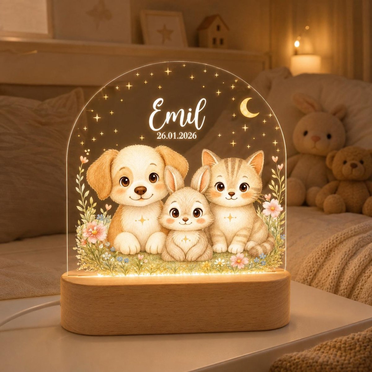 Farm night light motif 4 with name Emil in nursery next to stuffed animals