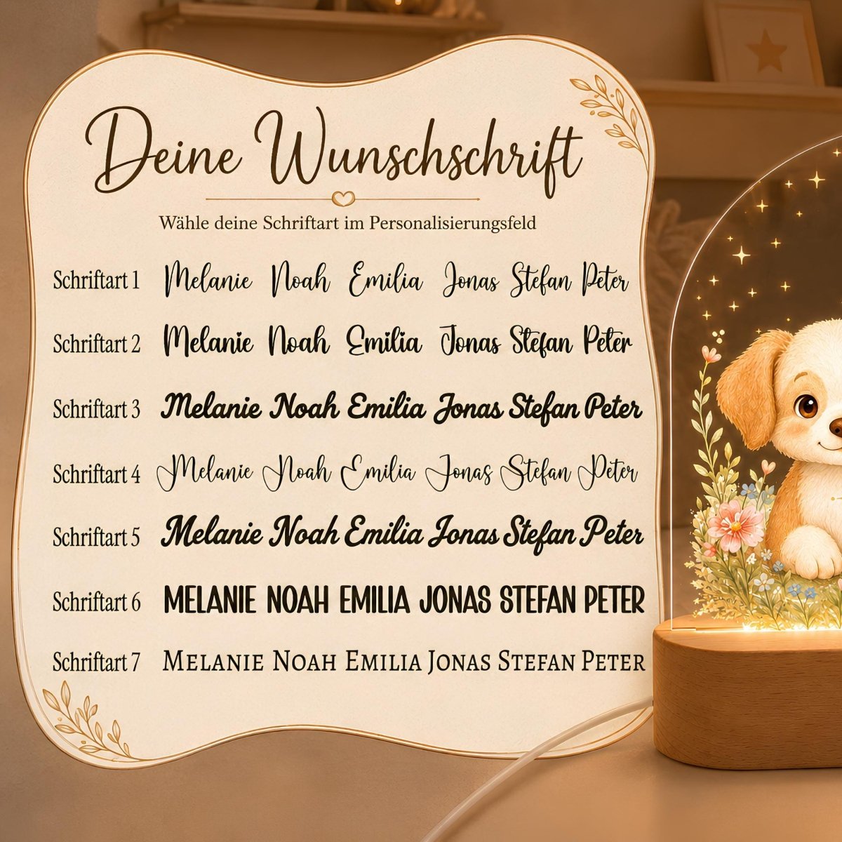 Font selection, fonts 1 to 7 for the name engraving on the farm night light