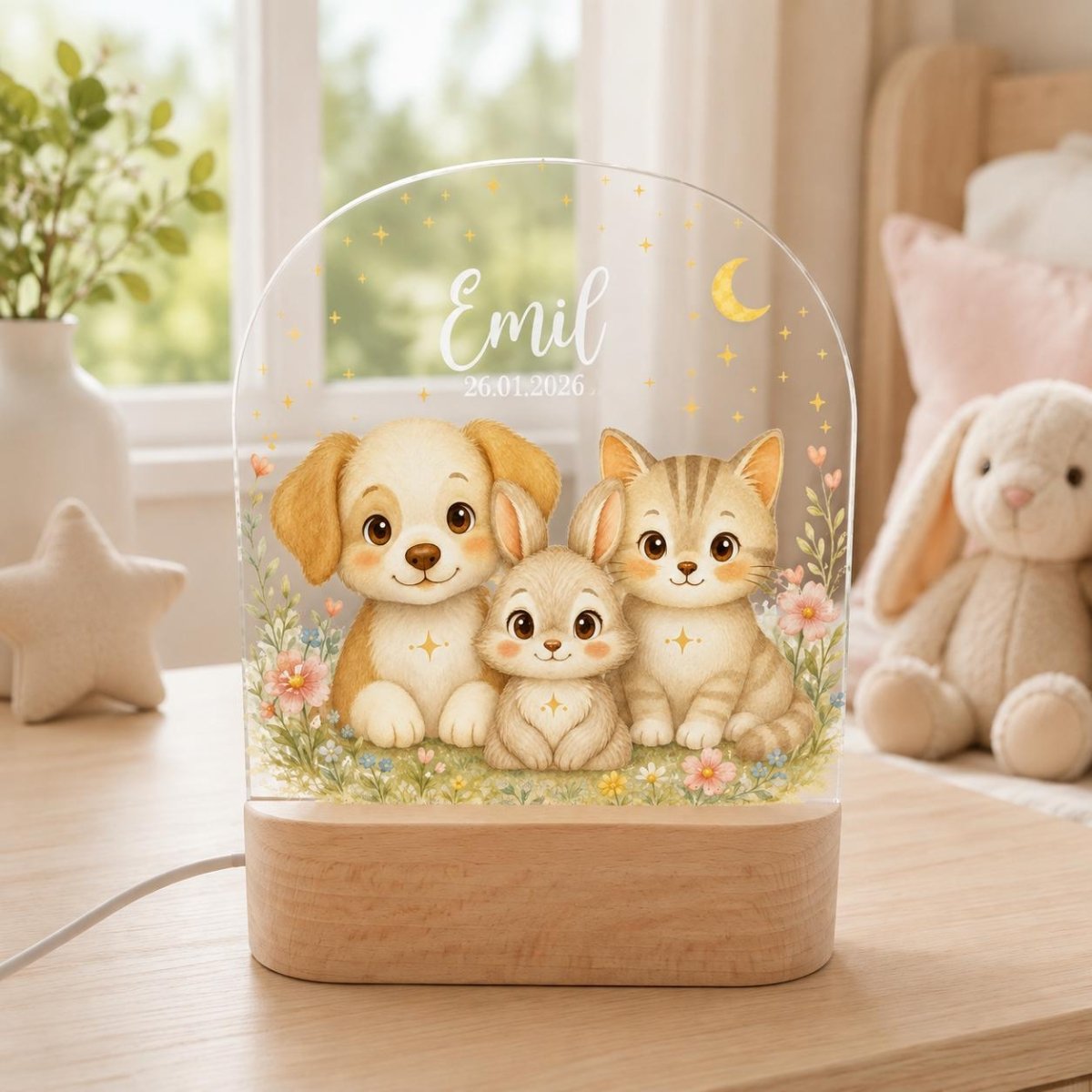 Farm night light motif 4 with name Emil in bright nursery with plush bunny and teddy