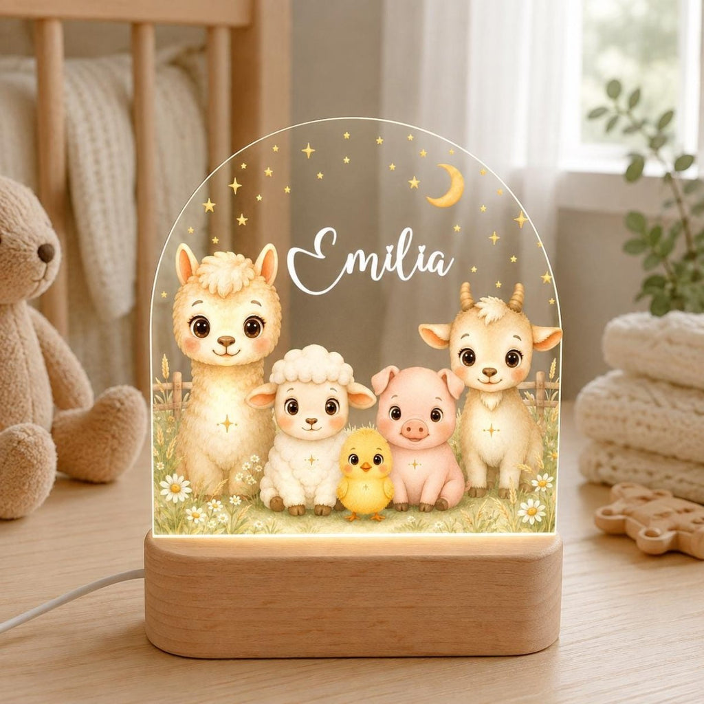 Farm night light motif 2 with alpaca, sheep, chick, pig and goat, name Emilia
