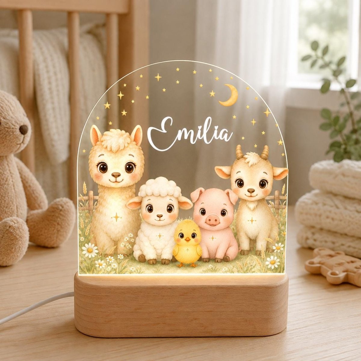 Bauernhof-Nachtlicht Motiv 2 mit Alpaka, Schaf, Küken, Schwein und Ziege, Name Emilia