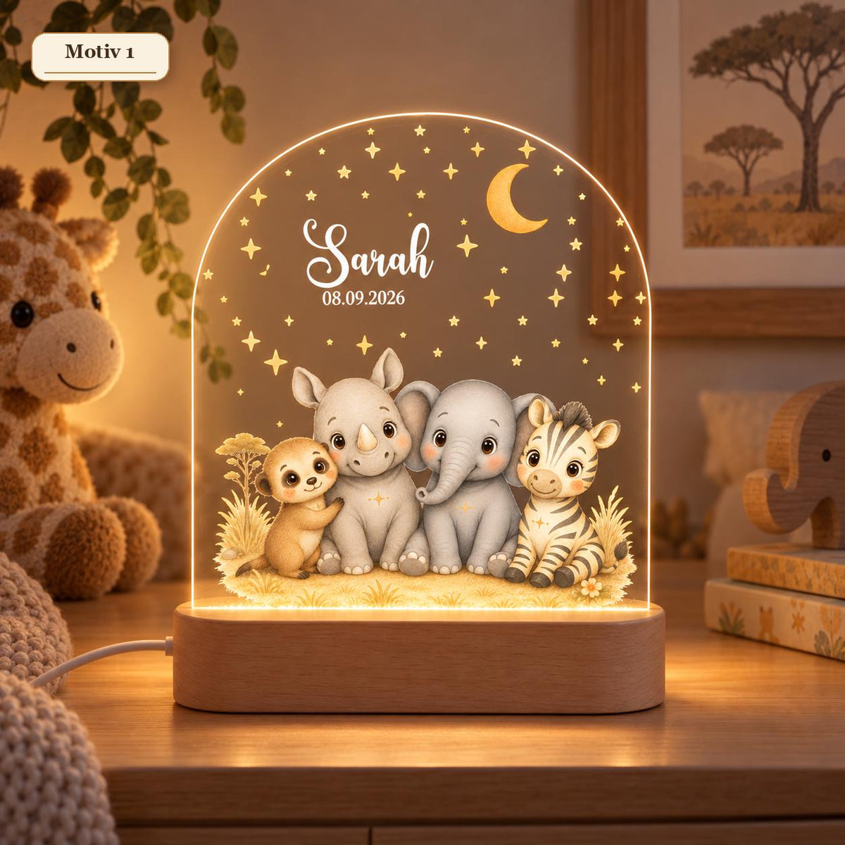 Safari-Nachtlicht Motiv 1 mit Nashorn, Elefant, Zebra und Erdmännchen, Name Sarah
