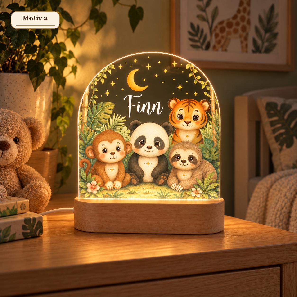Safari-Nachtlicht Motiv 2 mit Affe, Panda, Tiger und Faultier, Name Finn