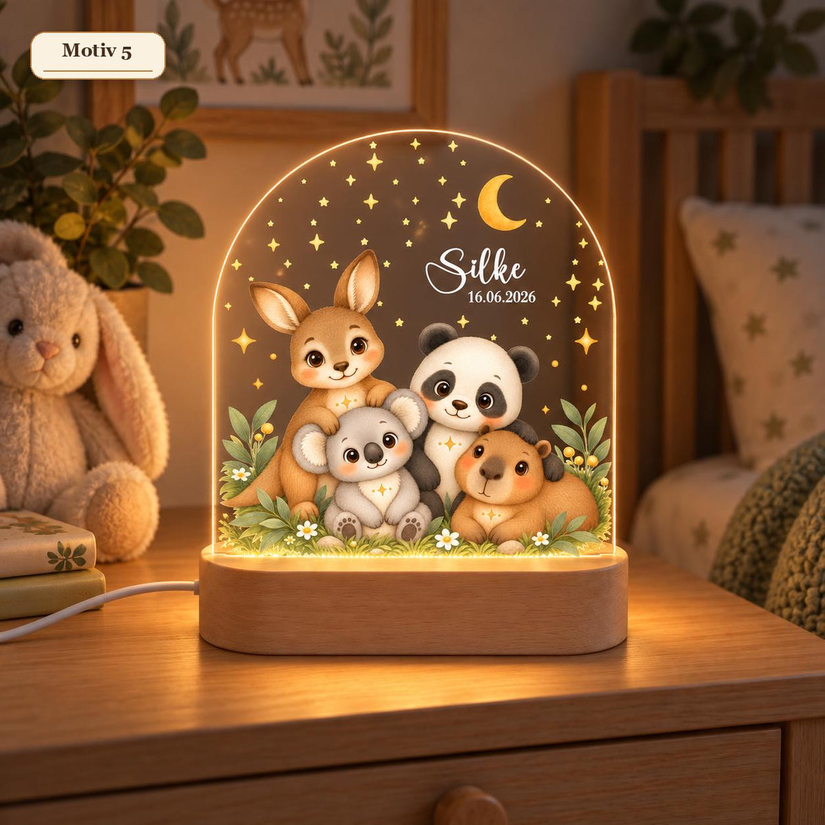 Safari-Nachtlicht Motiv 5 mit Känguru, Koala, Panda und Capybara, Name Silke und Datum