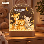 Safari-Nachtlicht Motiv 7 mit Giraffe, Erdmännchen, Löwe, Nashorn und Zebra, Name Alexander und Datum