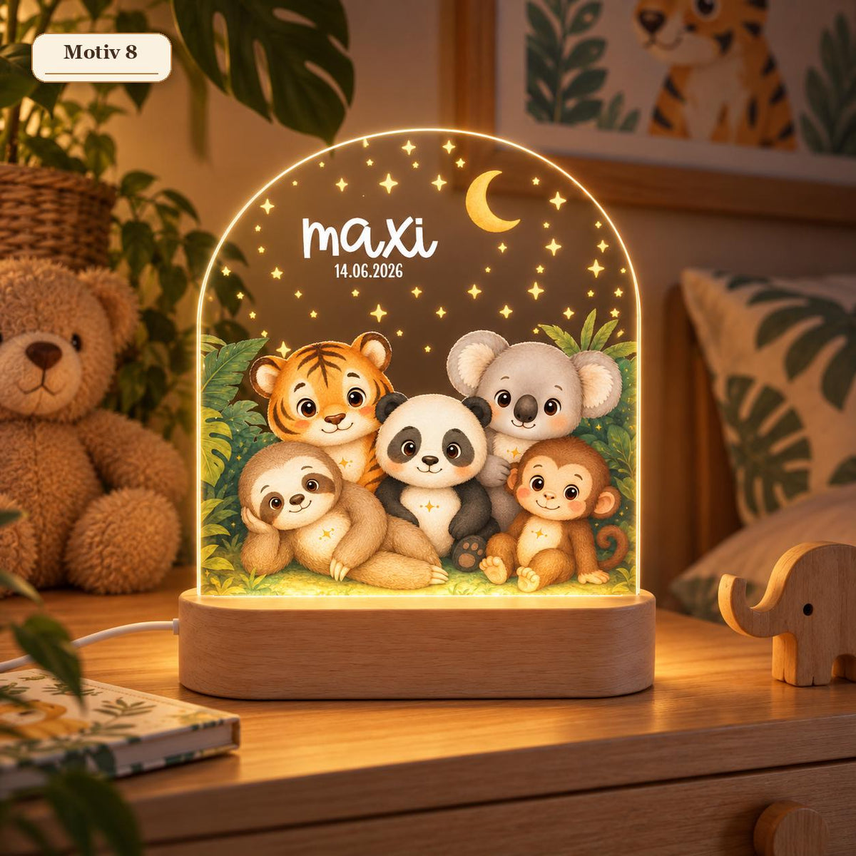 Safari-Nachtlicht Motiv 8 mit Tiger, Panda, Koala, Faultier und Affe, Name maxi und Datum