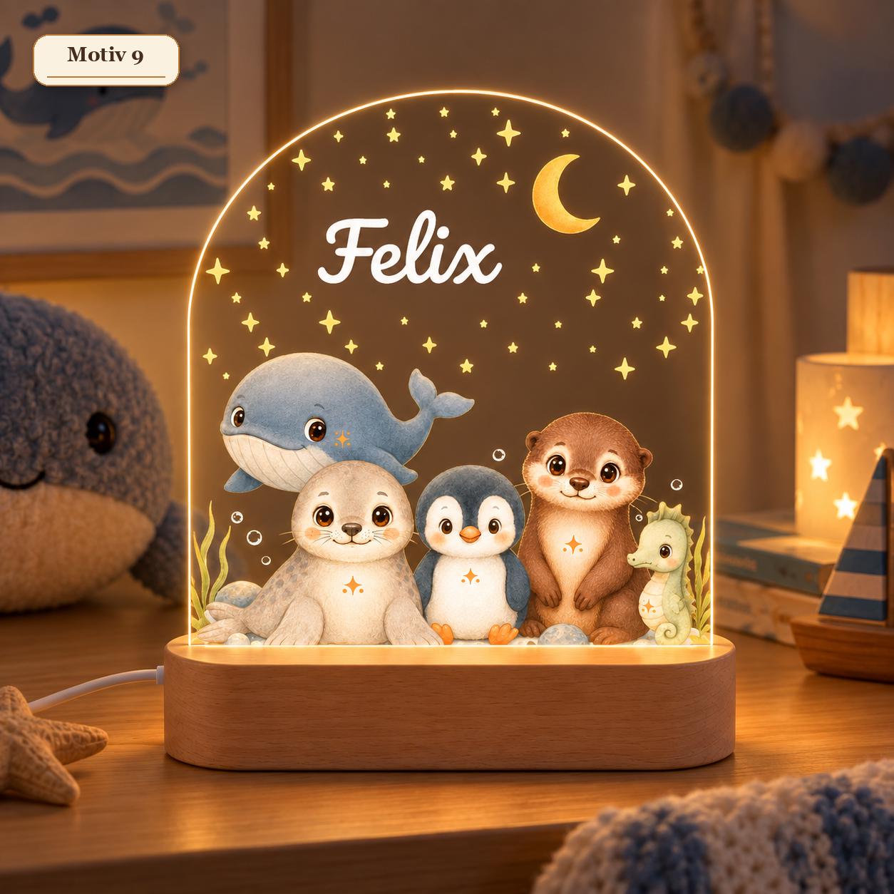 Safari-Nachtlicht Motiv 9 mit Wal, Robbe, Pinguin, Otter und Seepferdchen, Name Felix