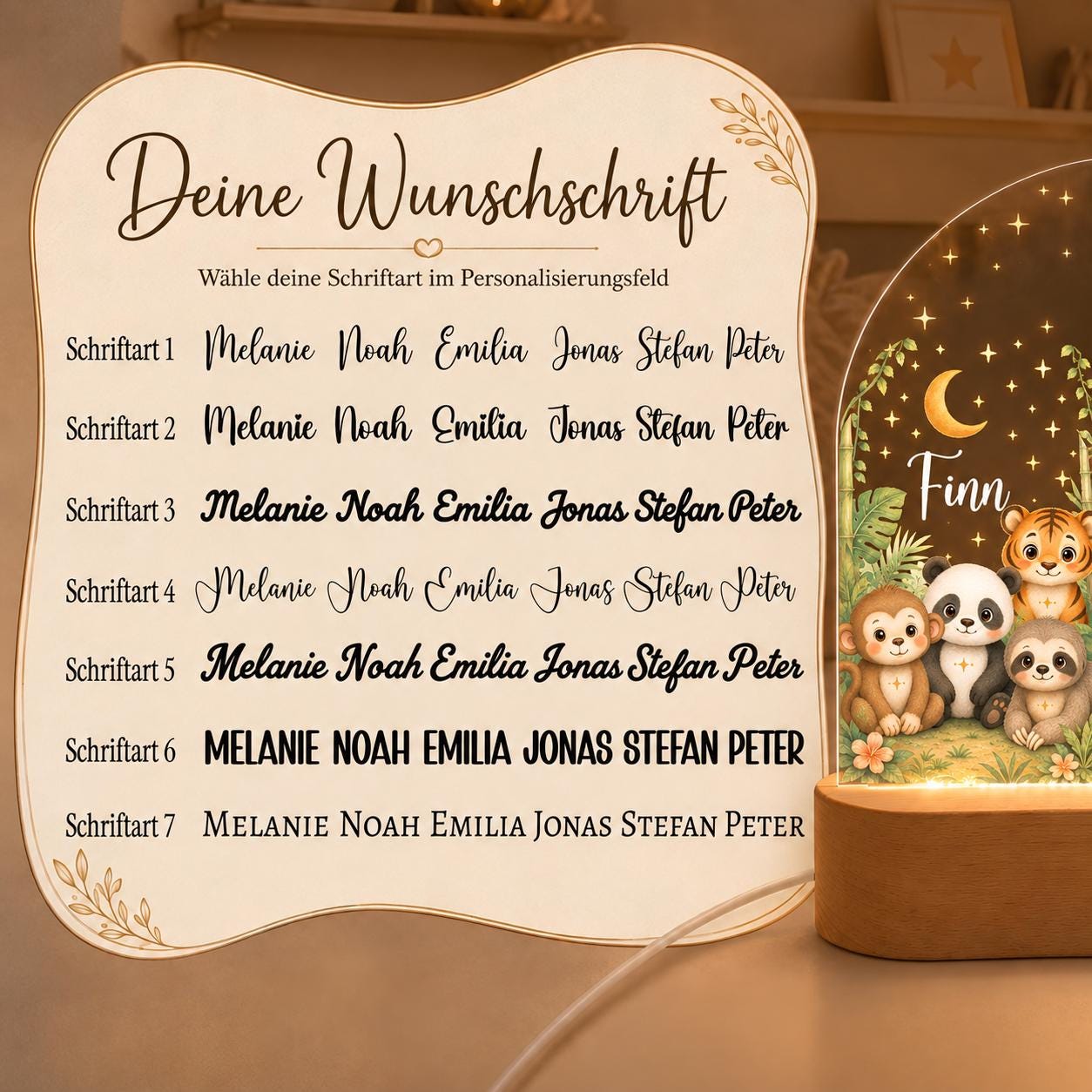 Schriftartenauswahl Schriftart 1 bis 7 für das Safari-Nachtlicht