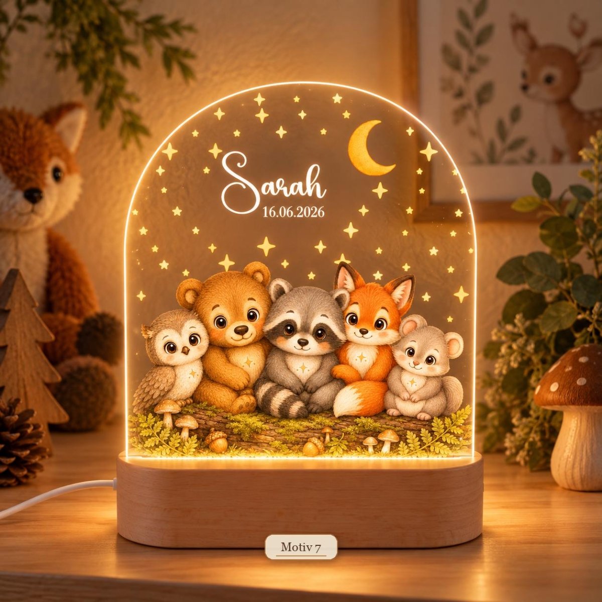 Waldtier-Nachtlicht Motiv 7 mit Eule, Bär, Waschbär, Fuchs und Maus, Name Sarah und Datum