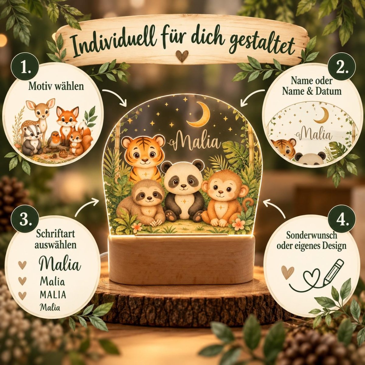 Vier Schritte zur Personalisierung des Waldtier-Nachtlichts: Motiv wählen, Name oder Name und Datum, Schriftart auswählen, Sonderwunsch oder eigenes Design