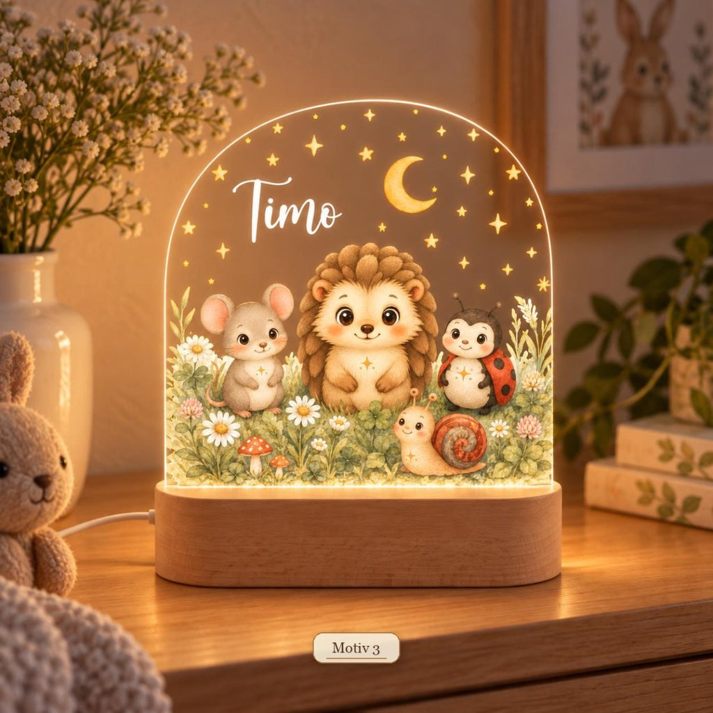 Forest animal night light motif 3 with mouse, hedgehog, ladybug and snail, name Timo