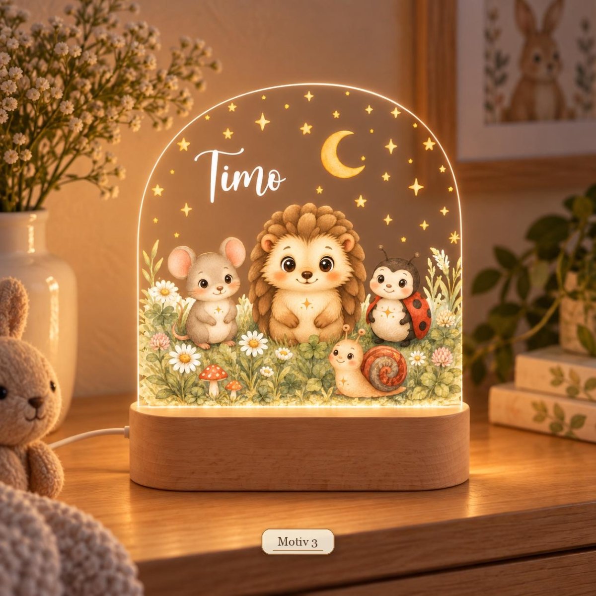 Waldtier-Nachtlicht Motiv 3 mit Maus, Igel, Marienkäfer und Schnecke, Name Timo