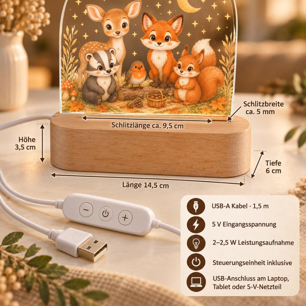 Dimensions of the wooden base and technical data with USB cable including dimmer control