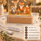 Dimensions of the wooden base and technical data with USB cable including dimmer control