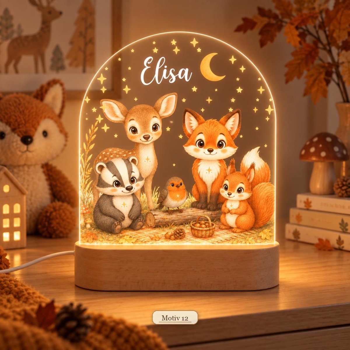 Waldtier-Nachtlicht Motiv 12 mit Reh, Dachs, Fuchs, Rotkehlchen und Eichhörnchen, Name Elisa