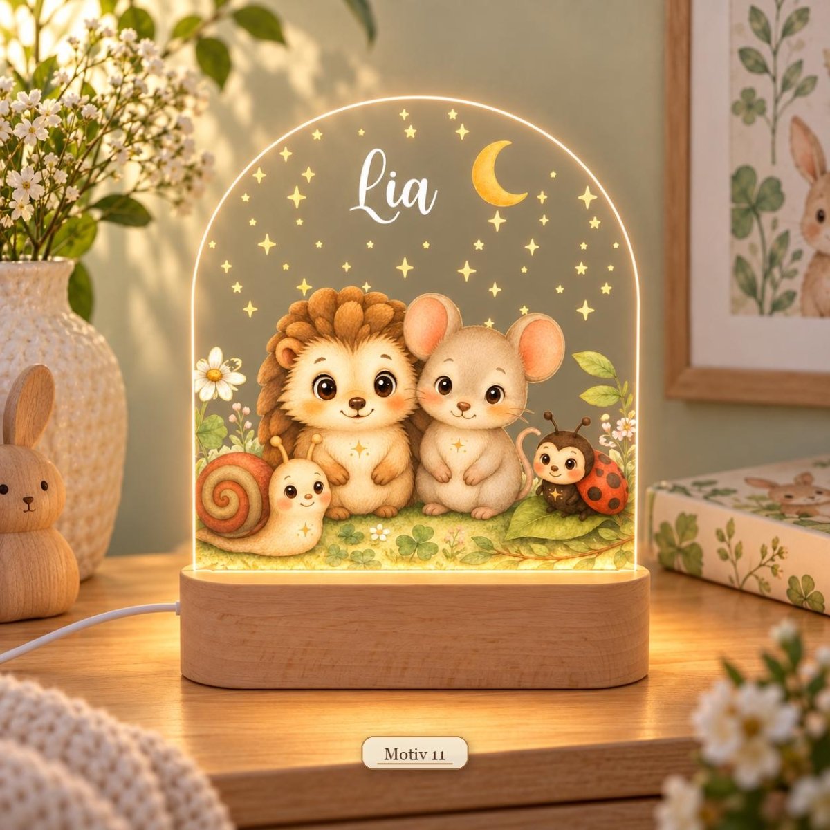 Waldtier-Nachtlicht Motiv 11 mit Igel, Maus, Schnecke und Marienkäfer, Name Lia