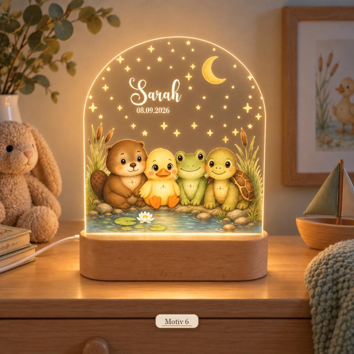 Waldtier-Nachtlicht Motiv 6 mit Biber, Ente, Frosch und Schildkröte am Teich, Name Sarah und Datum