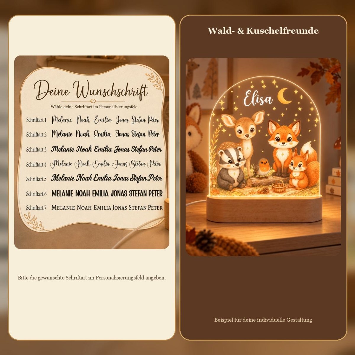 Schriftartenauswahl Schriftart 1 bis 7 und Titelbild Wald- und Kuschelfreunde-Nachtlicht mit Reh, Dachs, Fuchs, Rotkehlchen und Eichhörnchen, Name Elisa