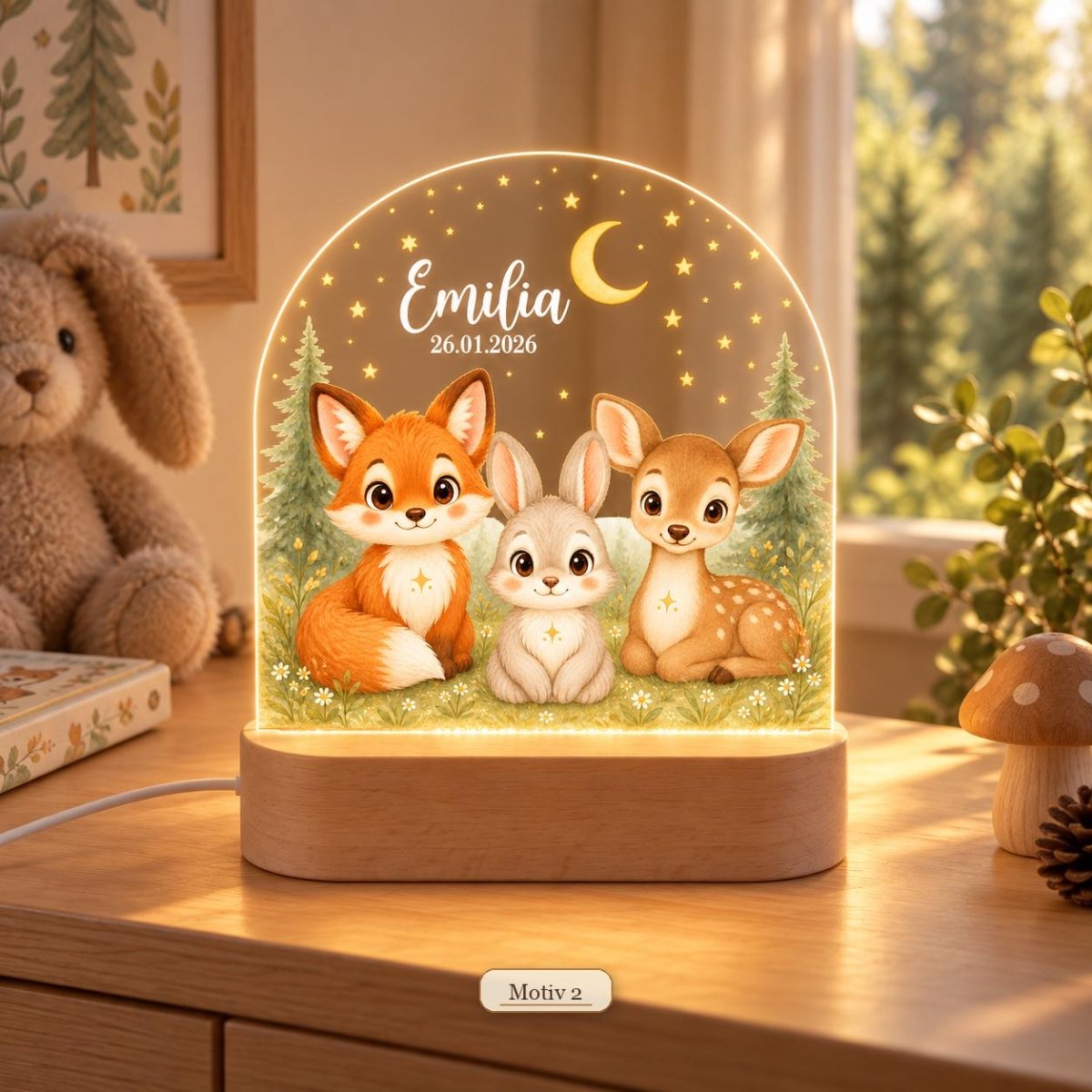 Waldtier-Nachtlicht Motiv 2 mit Fuchs, Hase und Reh, Name Emilia und Datum