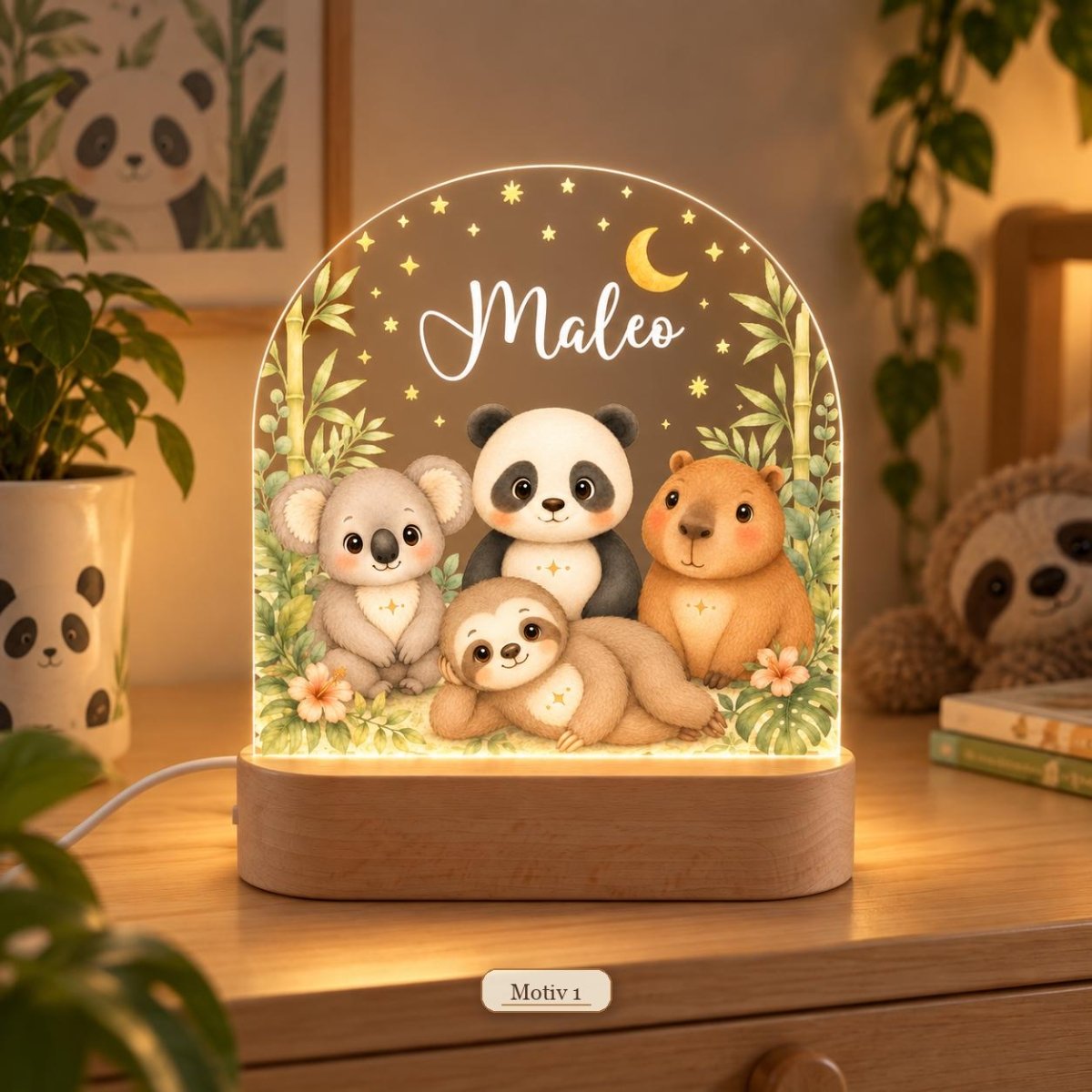 Waldtier-Nachtlicht Motiv 1 mit Koala, Panda, Faultier und Capybara, Name Maleo