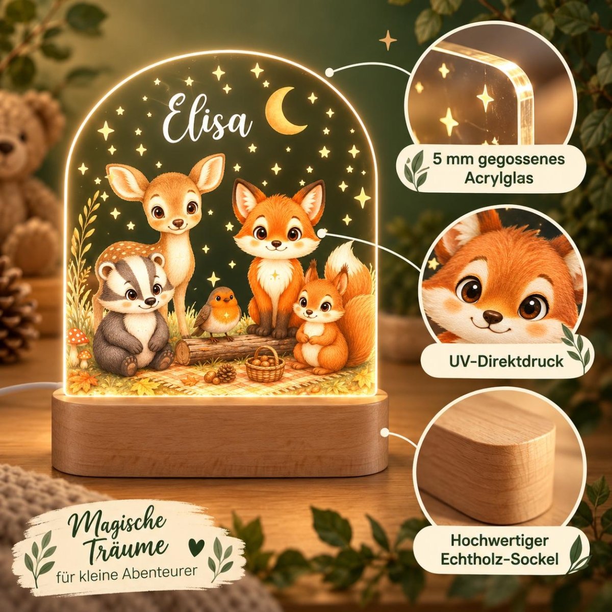 Produktdetails Waldtier-Nachtlicht: 5 mm gegossenes Acrylglas, UV-Direktdruck, hochwertiger Echtholz-Sockel, Motiv Reh Dachs Fuchs Rotkehlchen Eichhörnchen mit Name Elisa