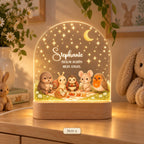Night light with picnic motif of otter, snail, ladybug, mouse and robin, name Stephanie