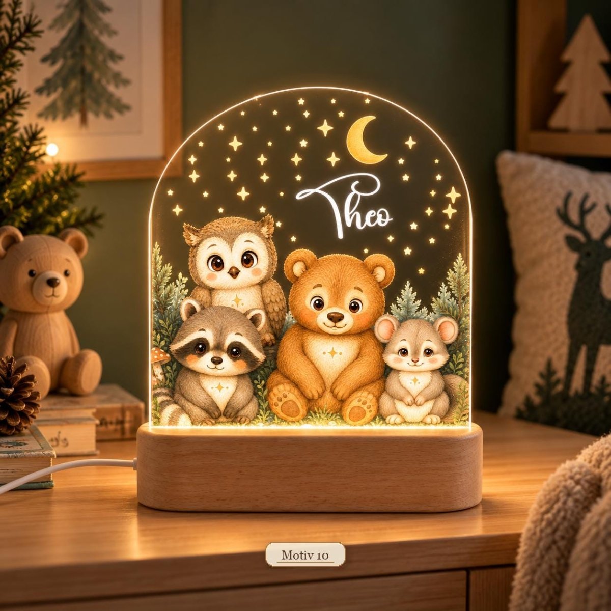 Waldtier-Nachtlicht Motiv 10 mit Eule, Waschbär, Bär und Maus, Name Theo