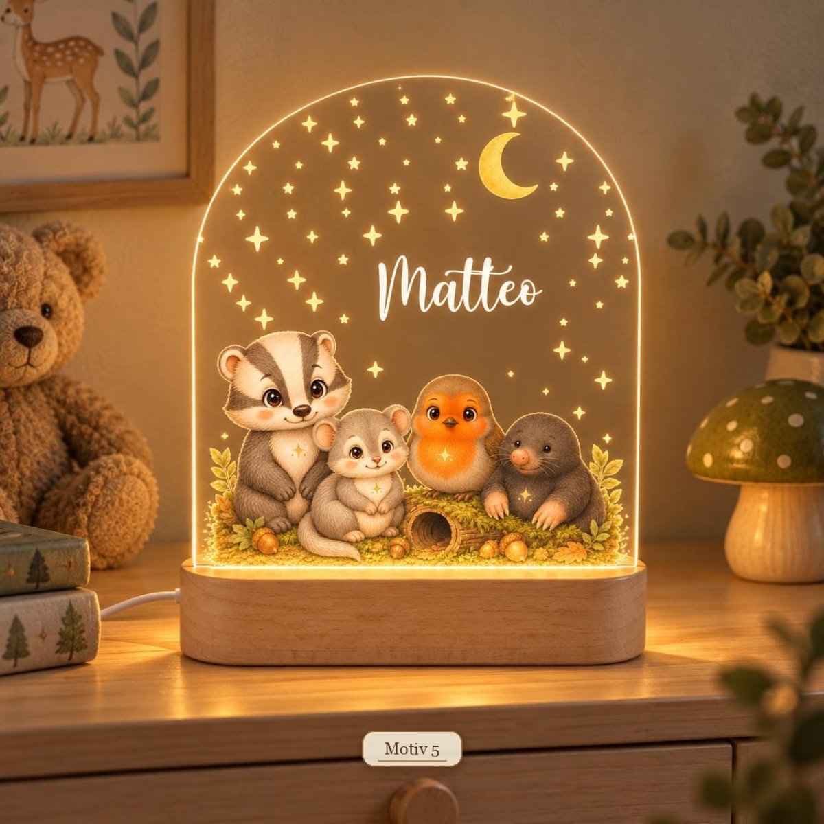 Waldtier-Nachtlicht Motiv 5 mit Dachs, Siebenschläfer, Rotkehlchen und Maulwurf, Name Matteo