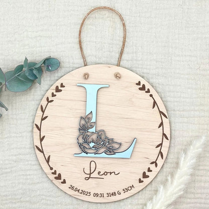 Namensschild aus Holz personalisiert | 3D - Monogramm mit Rose & Geburtsdaten - LaserArt Germany